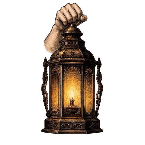An antique brass lantern with a flickering golden flame